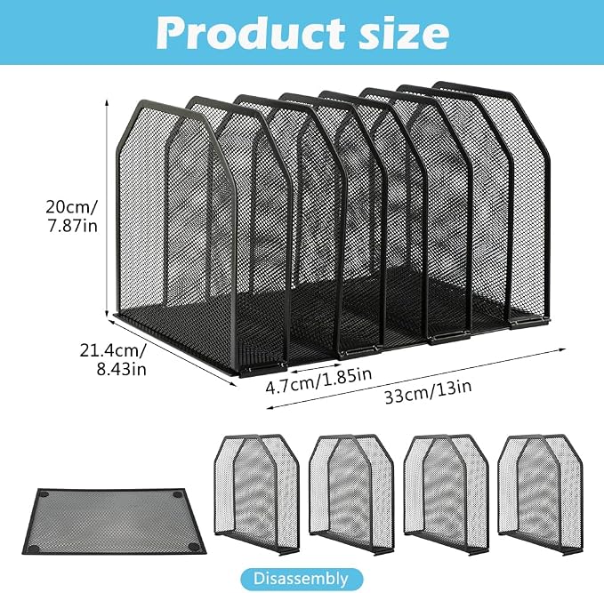 7-Section Vertical Mesh File Sorter, Metal Paper Holder - Image 2