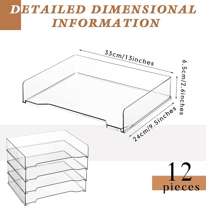 DoubleFill 12 Pcs Stackable Letter Tray Rectangular Plastic Desk Organizer 13 x - Image 2