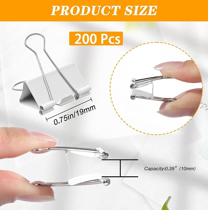 Jetec 200 Pack 0.75in/19mm White Metal Binder Clips Bulk Medium Reusable Fold - Image 2