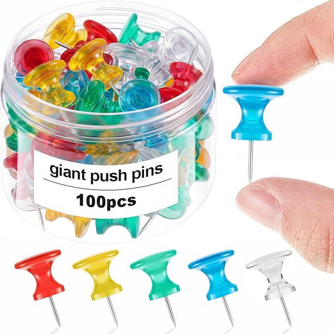 Outus 100 Pcs Giant Push Pins Large Thumb Tacks Plastic Heads 1 Inch Jumbo Push by Outus