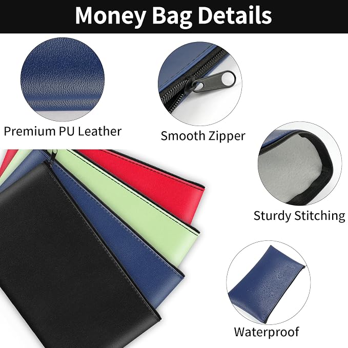 4 Pack Money Bags with Zipper, 11x6.1 Inch PU Leather Cash Pouch, Secure Bank - Image 4