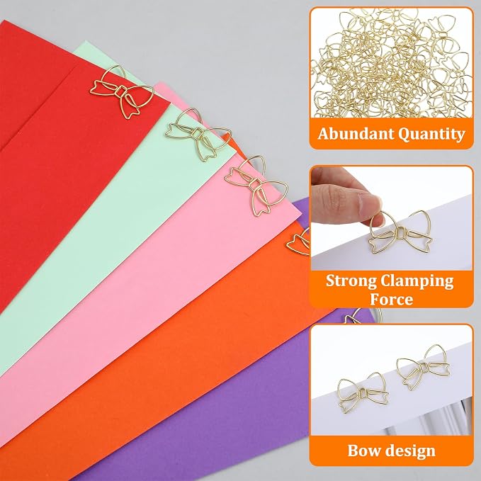 100PCS Gold Paper Clips Small, Ymapinc Cute Metal Bow Paperclips, Bow Paper - Image 3