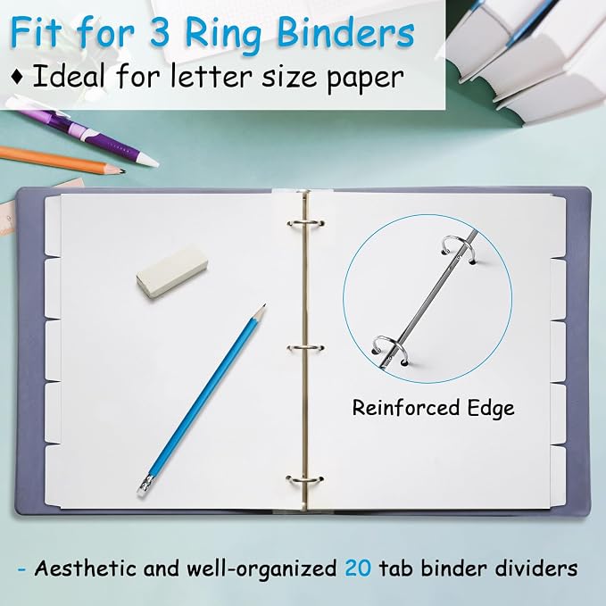 Binder Dividers for 3 Ring Binder, 1/5 Cut Tabs, Letter Size, Blank Write On - Image 4
