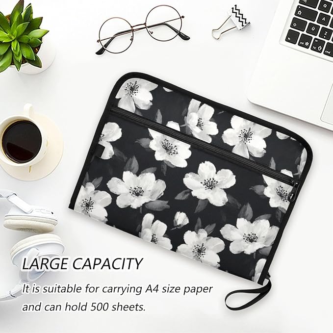 Black White Flowers Accordion File Organizer Expanding Document Folder - Image 6