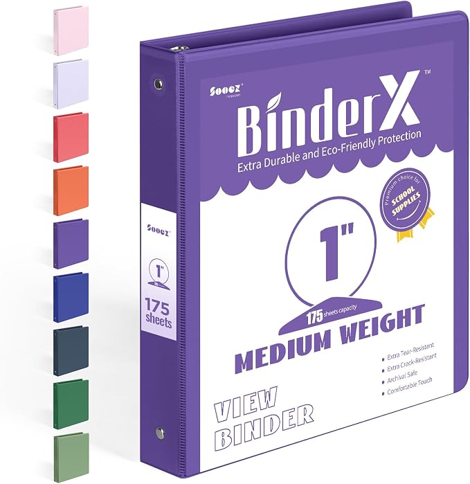 BinderX Extra Durable 3 Ring Binder, Round Rings 1 Inch Binder, Fits 175 Sheets by Sooez