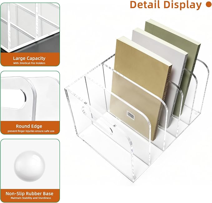 Acrylic Magazine File Holder, 5 Vertical Compartments Desk Document Sorter - Image 3