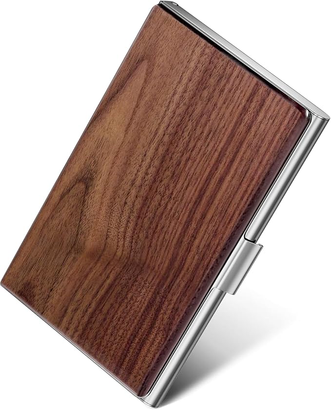 MaxGear Stainless Steel Business Card Holder, Slim Card Case, Walnut Wood | by MaxGear