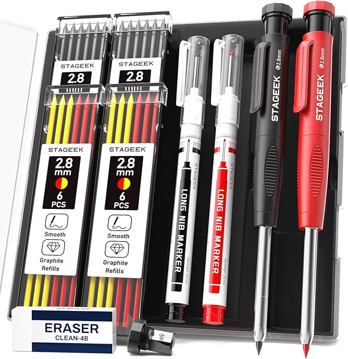 Carpenter Pencils with Sharpener, 2.8mm Mechanical Pencil Set with 26 Refills by STAGEEK
