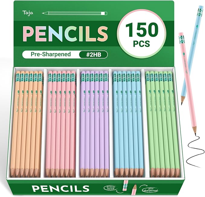 Taja 150 Pack #2 HB Pencils, Bulk Pre-Sharpened Wood-Cased Pencils by Taja
