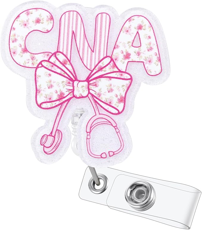 Pink Floral Bow CNA Badge Reel, Cute Retractable ID Badge Holder by Unknown