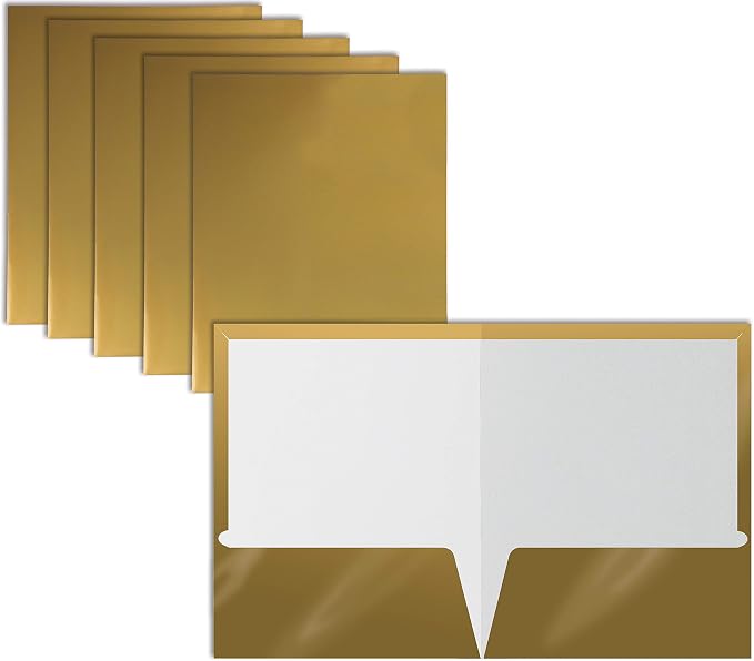 Better Office Products 2 Pocket Glossy Laminated Metallic Gold Paper Folders by BetterOfficeProducts