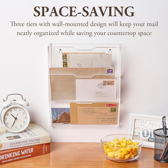 MyGift 3 Tier 10 Inch Clear Acrylic Mail Sorter, Wall Mounted Letter Holder - Image 2
