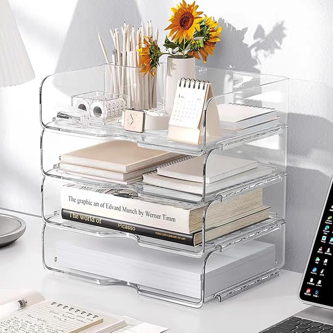Clear Stackable Paper Trays 4 Pack, PET Letter Tray Desk Organizer, Desktop by Noger
