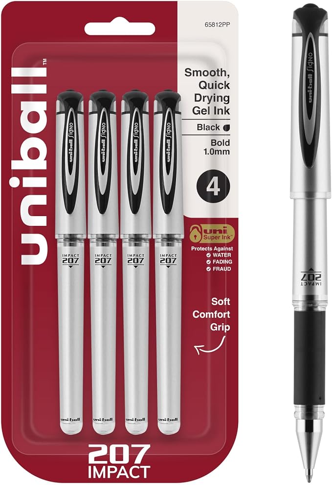 uni-ball Signo 207 Impact Stick Gel Pen, 4 Black Pens, 1.0mm Bold Point Gel Pens by uni-ball
