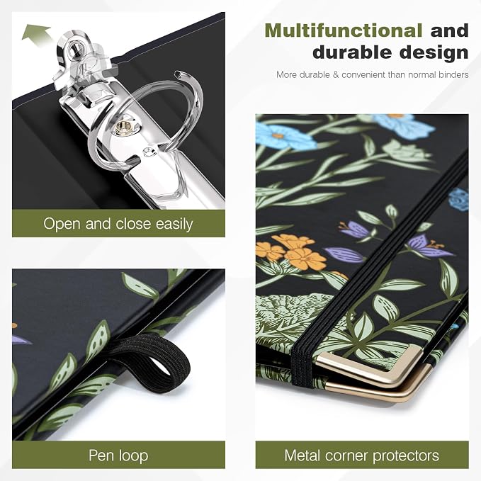 Ospelelf Mini Binder 3 Ring 1 Inch, Floral Round Ring Clipboard Binder - Image 5