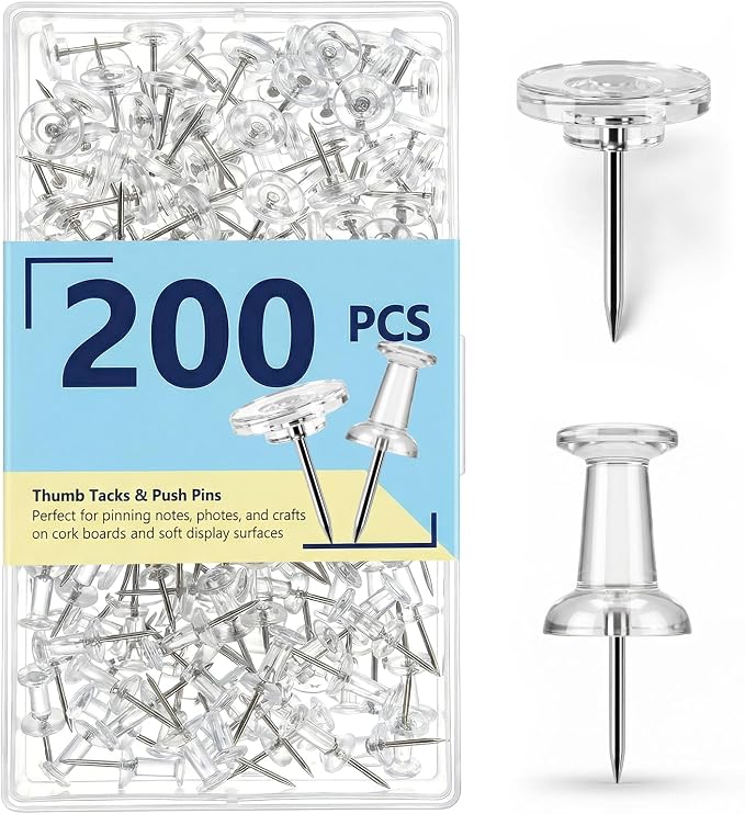 200 Pack Clear Push Pins and Thumb Tacks Combo by BRYUBR