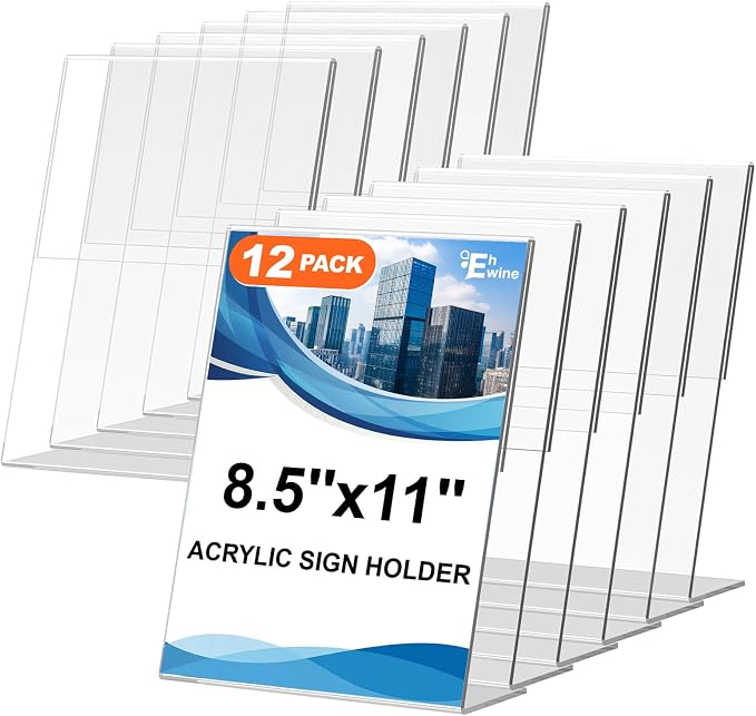EHWINE 12 Pack Acrylic Sign Holder 8.5 x 11, L Shape Clear Plastic Display Stand by EHWINE