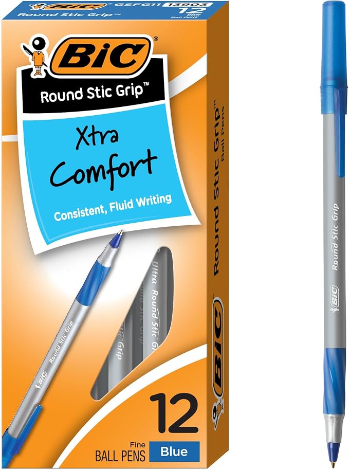 BIC Round Stic Grip Xtra Comfort Fine Blue Ballpoint Pens, Medium Point by BIC