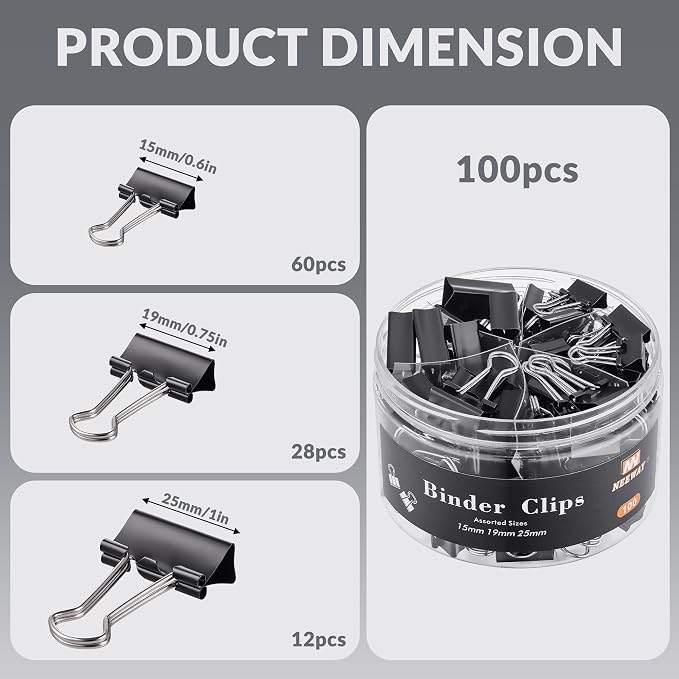 NEEWAY 100 Count Binder Clips Assorted Sizes, Paper Binder Clips, Metal Paper - Image 2
