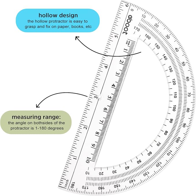 Zonon 2 Pcs 12 Inch Clear Ruler and 6 Inch Plastic Protractor Set, Dual Scale - Image 4