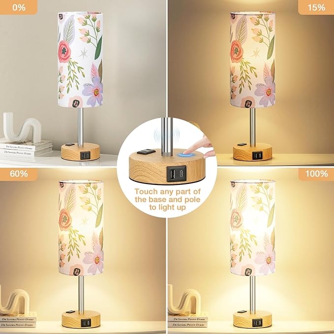 Fenmzee Floral Touch Lamp for Bedroom- 3 Way Dimmable Bedside Lamp USB C A - Image 2