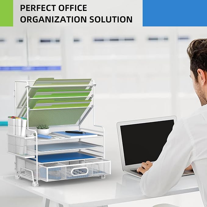 MINDEPOT 4-Tier Paper Organizer + 3-Pocket File Holder + Drawer + Pen Holders - Image 5