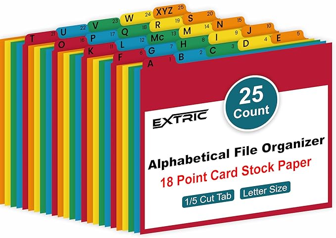 EXTRIC Alphabetical File Organizer 25 File Cabinet Dividers A-Z, 5 Colors | A-Z by EXTRIC