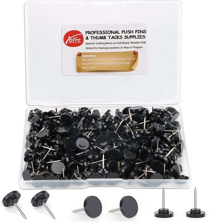 Push Pins 200-count Flat Black Thumb Tacks Steel Point and Plastic Head by Yalis
