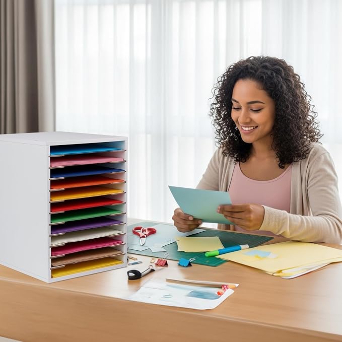 Caydo 12 Slot 8.5" x 11" Paper Organizer Storage, Wood Adjustable Shelves Paper - Image 2