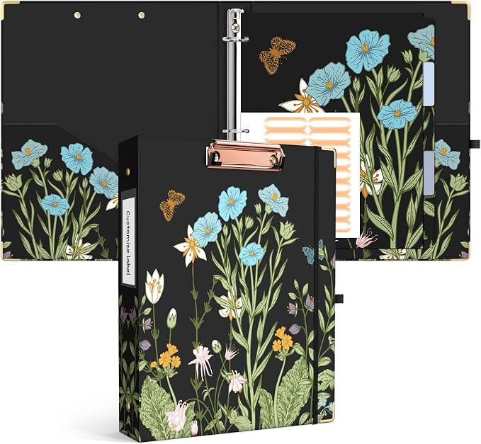 Ospelelf Binder 3 Ring 1 Inch, Floral Round Ring Clipboard Binder by OspelelfOfficeSupplies