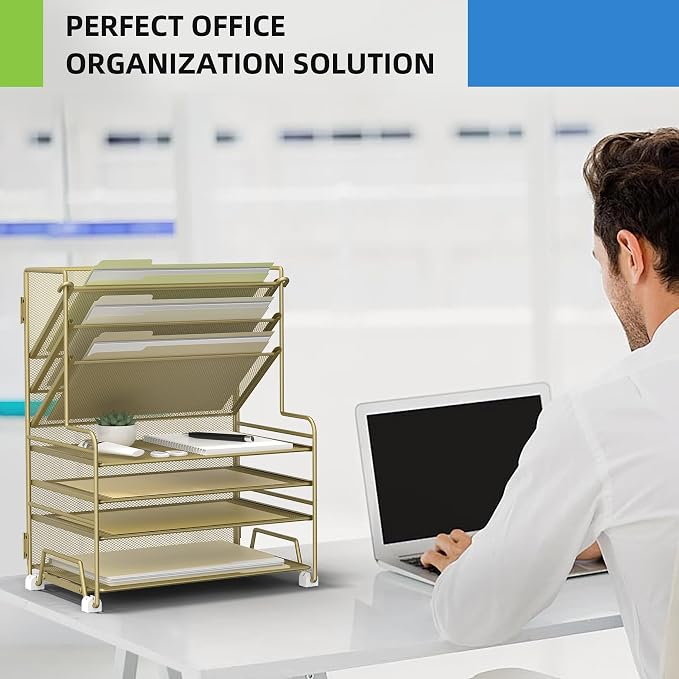 MINDEPOT 4-Tier Paper Organizer + 3-Pocket File Holder + Drawer + Pen Holders - Image 4
