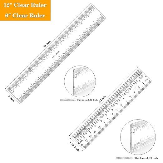 6PCS 6''/12 '' Acrylic Clear Edge Rulers T-Square Ruler, inches and Metric - Image 3