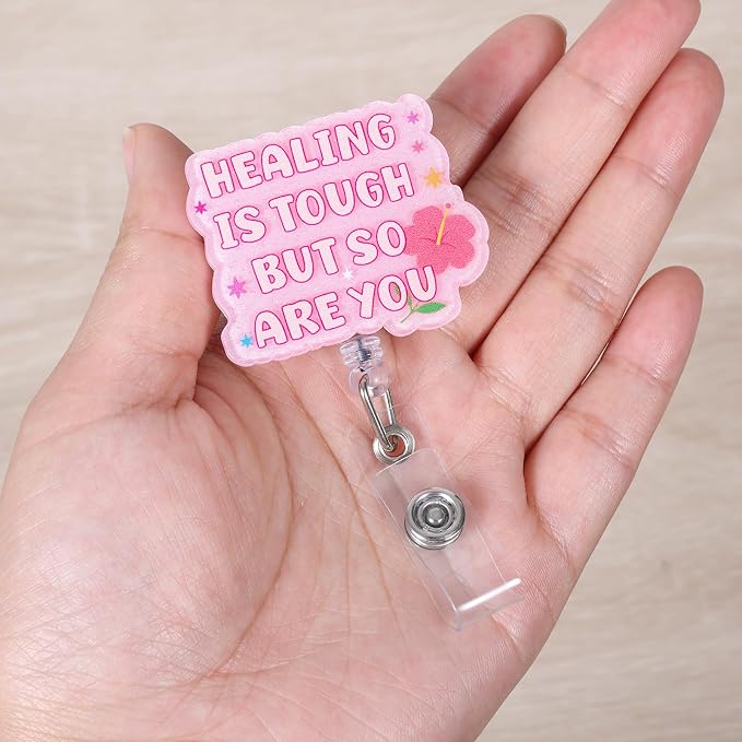 Healing is Tough But So are You Funny Nurse Badge Reel, Cute Pink Floral - Image 2