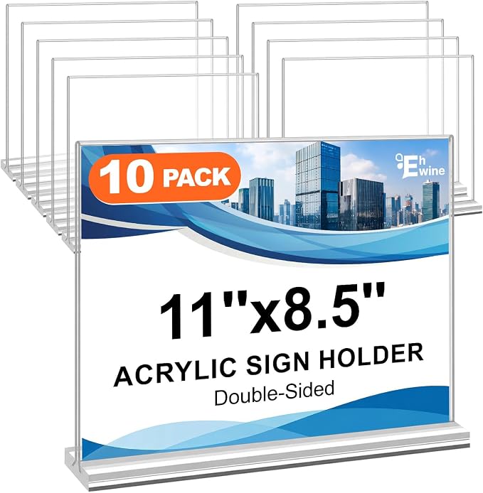 EHWINE 10 Pack Acrylic Sign Holder 8.5 x 11 Horizontal, Double-Sided Stand up by EHWINE