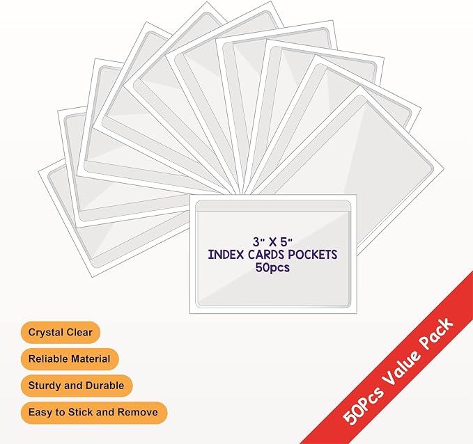 IMAGAME Clear Adhesive 3" x 5" Index Card Pockets, Labels Holders, 50 Pack | - Image 2