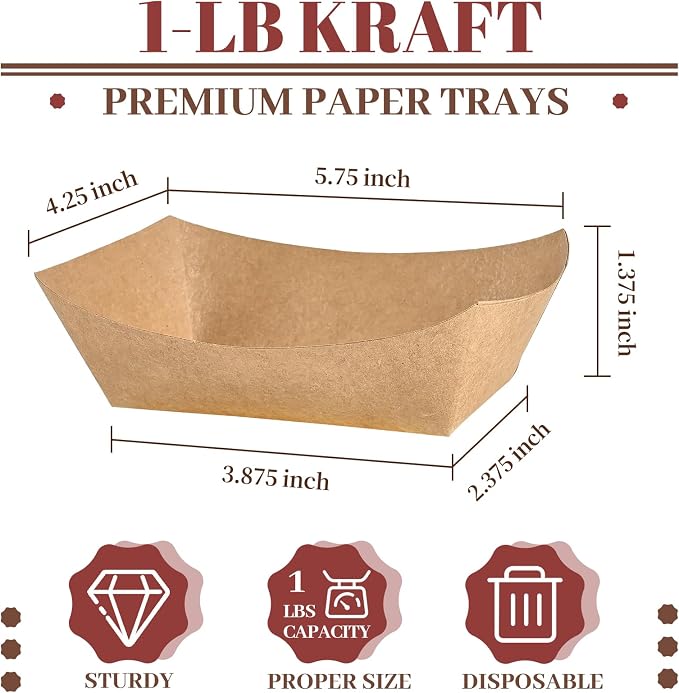 Ocmoiy 1lb Paper Food Trays, 100 Pack Heavy Duty Kraft Food Boats Holders - Image 2