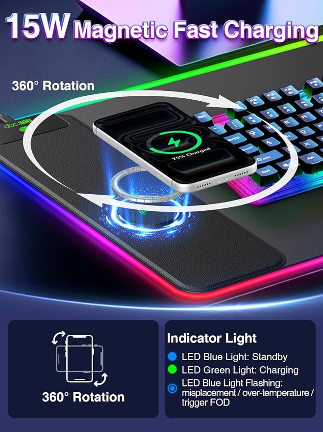 XXL RGB Gaming Mouse Pad with 15W Magnetic Wireless Charging, 31.5'' x 15.8'' - Image 2