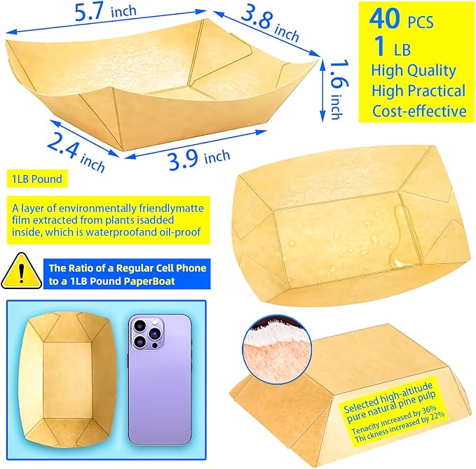 40 Pack 1Lb Paper Food Boat Trays Disposable Paper Boats Bowls Containers - Image 2