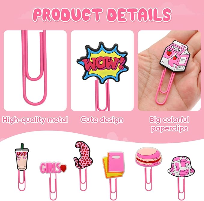 30 PCS Pink Paper Clips Metal Paperclip Large Size Paper Clip Cute Bookmark - Image 3