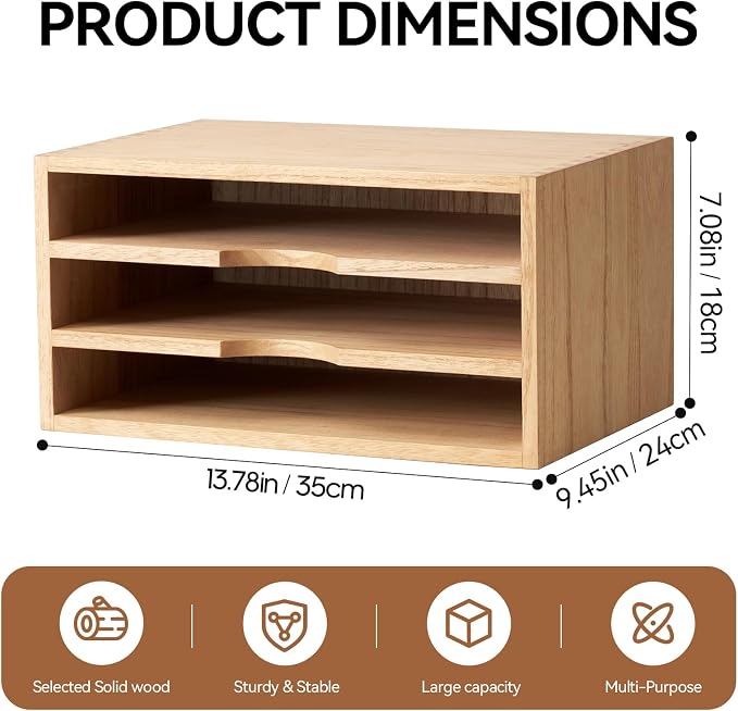 KIRIGEN Wooden Desktop Organizer, 3 Tier Solid Wood Letter Tray and Paper File - Image 3