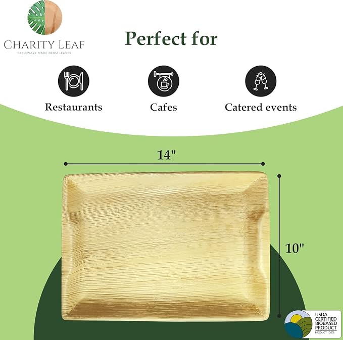 Charity Leaf Disposable Palm Leaf 14" x 10" Trays Bamboo Like Serving Platters - Image 2