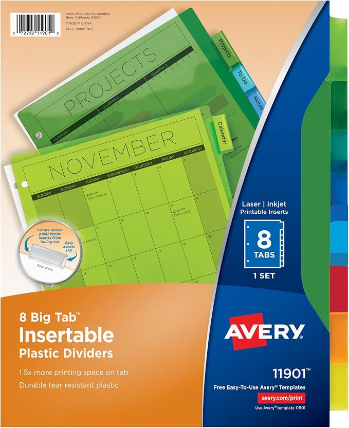 Avery Dividers for 3 Ring Binders, 8-Tab Plastic Binder Dividers Insertable Big by Avery
