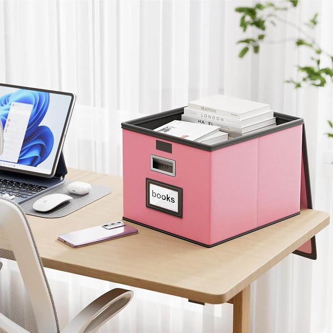 File Organizer Box with Lid, Collapsible Leather File Folder Organizer - Image 4