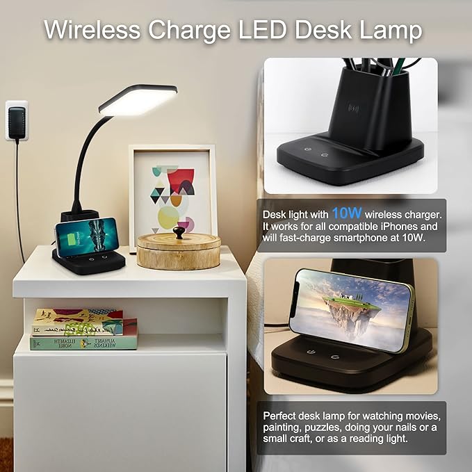 Desk Lamp, LED Desk Lamps for Home Office, Wireless Charger Small Desk Lamp - Image 2