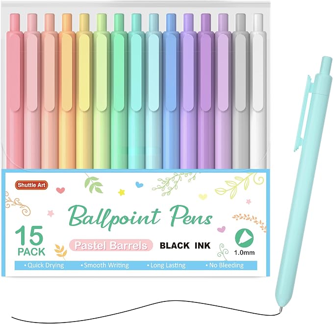 Shuttle Art Ballpoint Pens, 15 Pack Pastel Retractable Black Ink Ball Point Pens by ShuttleArt