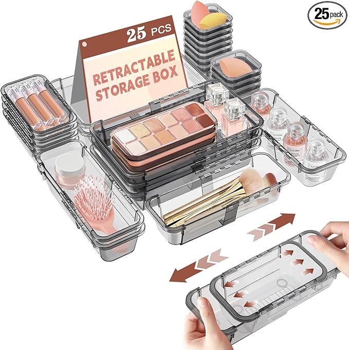 25 Pcs Clear Drawer Organizer, Adjustable Drawer Storage Box, 3-Size Desk by Hiitytin