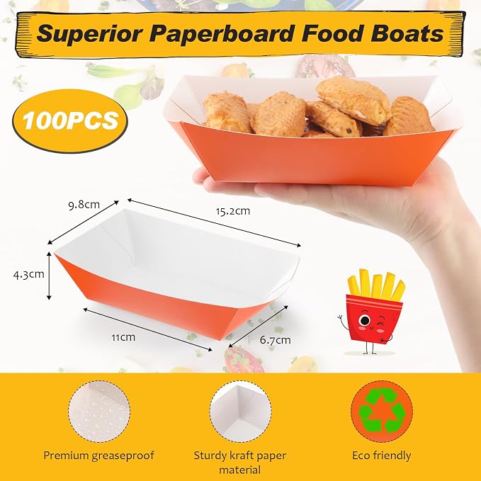 Yinkin 100 Pcs 2lb Paper Food Trays Boat 2lb Disposable Nacho Trays Kraft Paper - Image 2