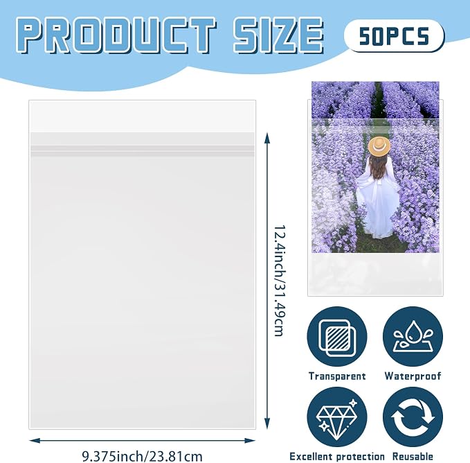 VOKOY 50 Pack 9 3/8 x 12 2/5 inches Crystal Clear Sleeves Storage Bags - Image 2