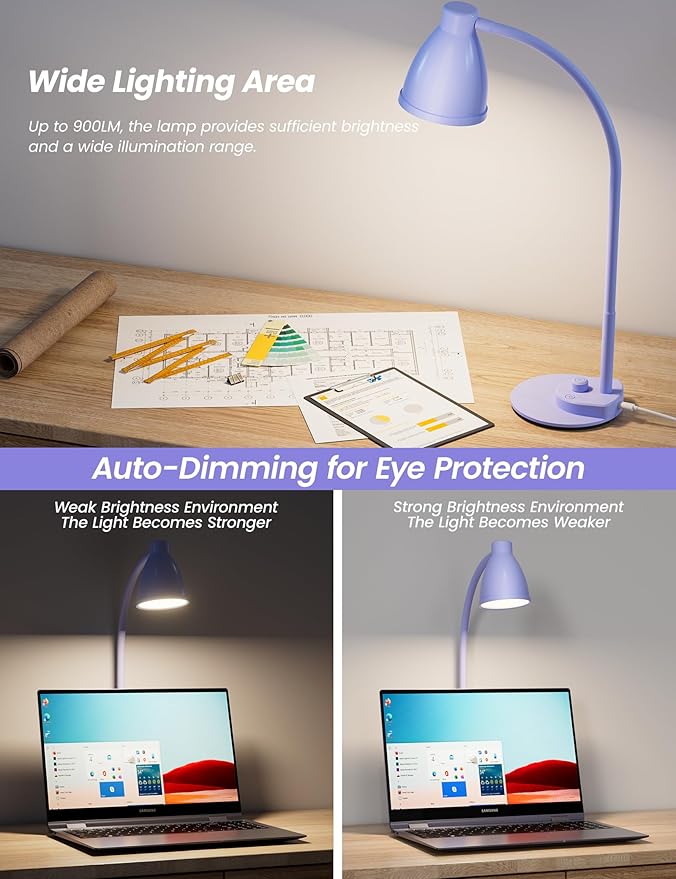 BOHON LED Desk Lamp with USB Charging Port, 3 Color Modes Dim, Lilac Purple | - Image 4