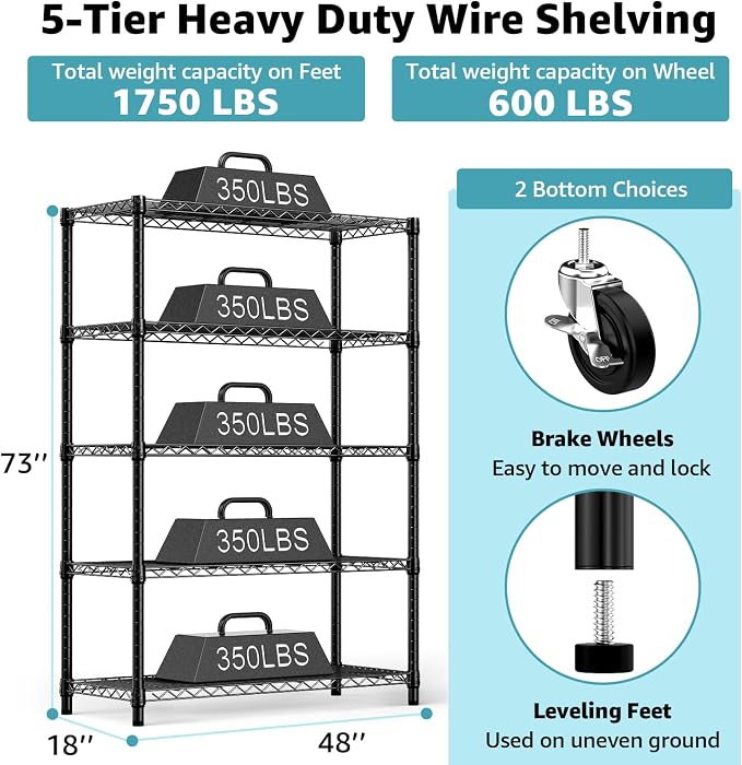 M MZG 5-Shelf Storage Shelves, Wire Shelving Heavy Duty Metal Storage Shelving - Image 3